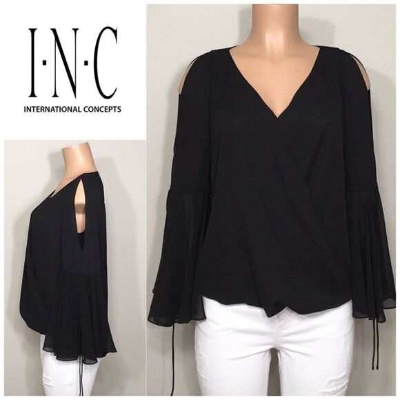 New. Black drape split ruffle sleeve top. NWOT - Picture 1 of 5